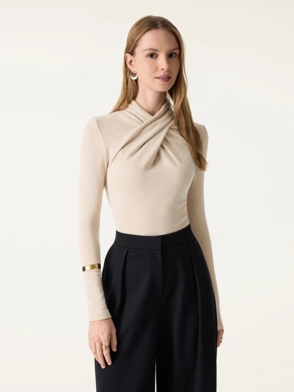 OGL XS ProWarm Twisted Mockneck Long Sleeve Top Natural Calico NWT Tan Beige $55